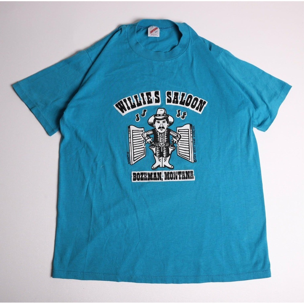 Vintage 1988 Jerzees Willies Saloon Bozeman Montana T-Shirt Teal Blue Large 80s